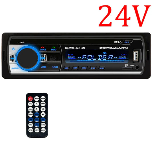 Black 24v din stereo player with blue illuminated controls and remote for radio stereo audio and audio music usb use