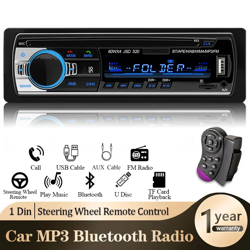 Black 1din car radio digital bluetooth mp3 player with aux input and blue illuminated din stereo player controls and display