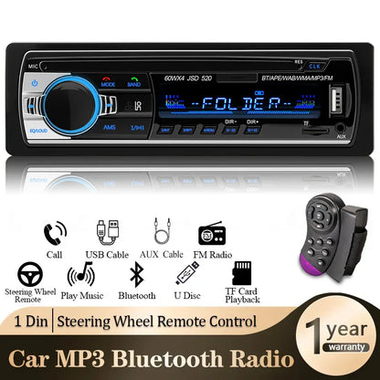 Black 1din car radio digital bluetooth mp3 player with aux input and blue illuminated din stereo player controls and display