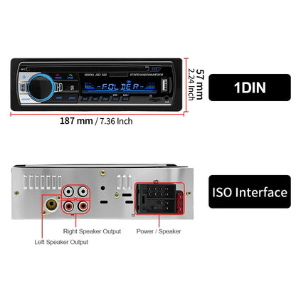 Black and silver 1 din stereo player with digital bluetooth controls and aux input for in dash car audio music system
