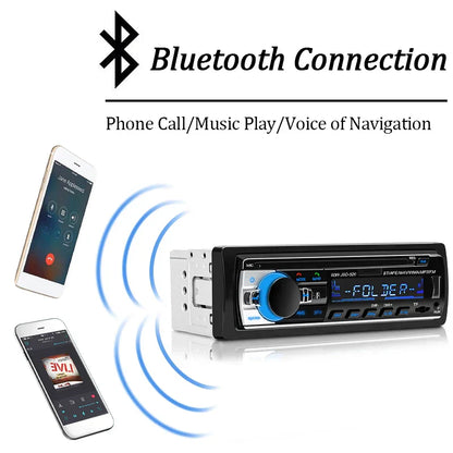 Black and white 1 din stereo player with blue illuminated controls digital bluetooth aux input and digital display