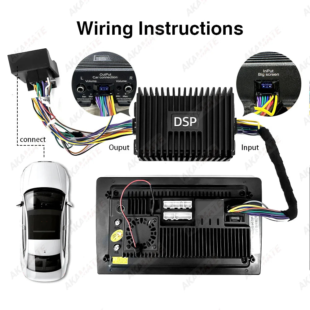 Black dsp car audio amplifier with heat sinks and labeled input output connections for android radio power cord use