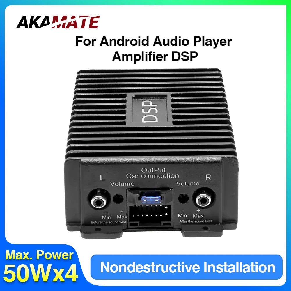 Black akamate dsp amplifier dsp with ribbed metal casing and labeled output ports for android radio car audio system back side