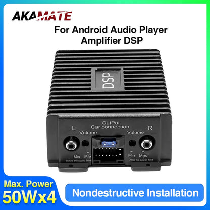 Black akamate dsp amplifier dsp with ribbed metal casing and labeled output ports for android radio car audio system back side