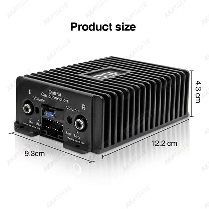 Black rectangular car radio amplifier dsp with ribbed heat sink and labeled output connections for android radio power cord