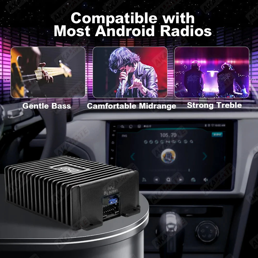 Black rectangular car radio amplifier dsp with vertical cooling fins and ethernet port for android radio sound enhancement