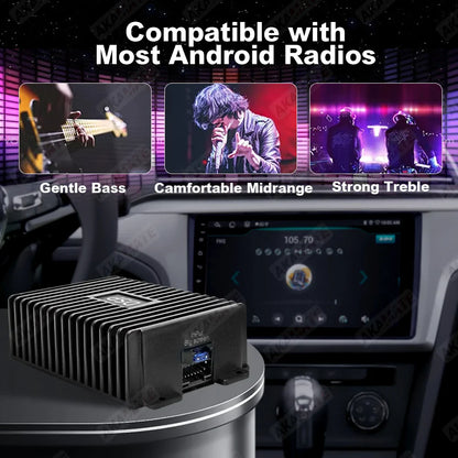 Black rectangular car radio amplifier dsp with vertical cooling fins and ethernet port for android radio sound enhancement