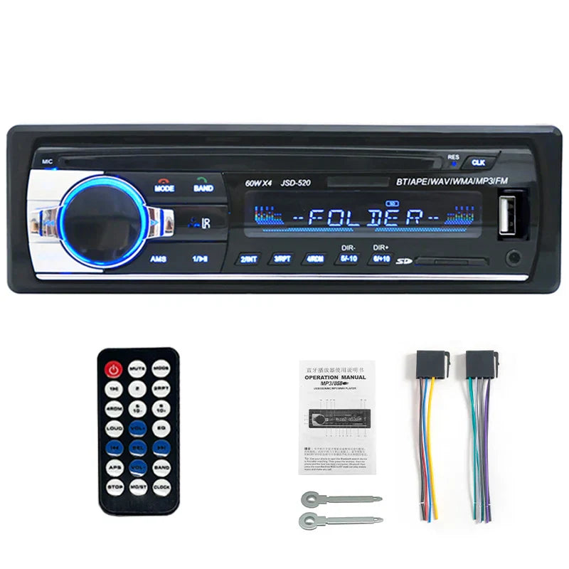 Black car radio autoradio with blue illuminated display silver accents din bluetooth 12v player mp3 60wx4 audio player