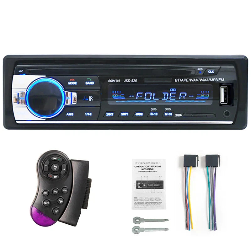 Black car radio autoradio jsd-520 with blue illuminated display silver accents din bluetooth 12v player mp3 60wx4