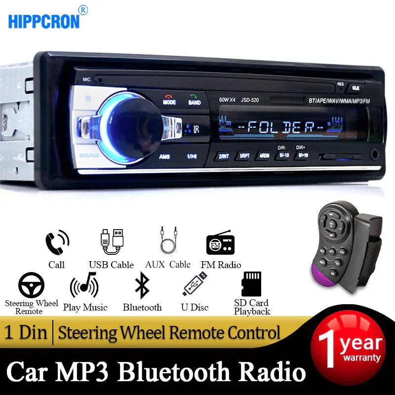 Black and silver hippchron jsd-520 car radio autoradio din bluetooth 12v player mp3 60wx4 with blue illuminated knob