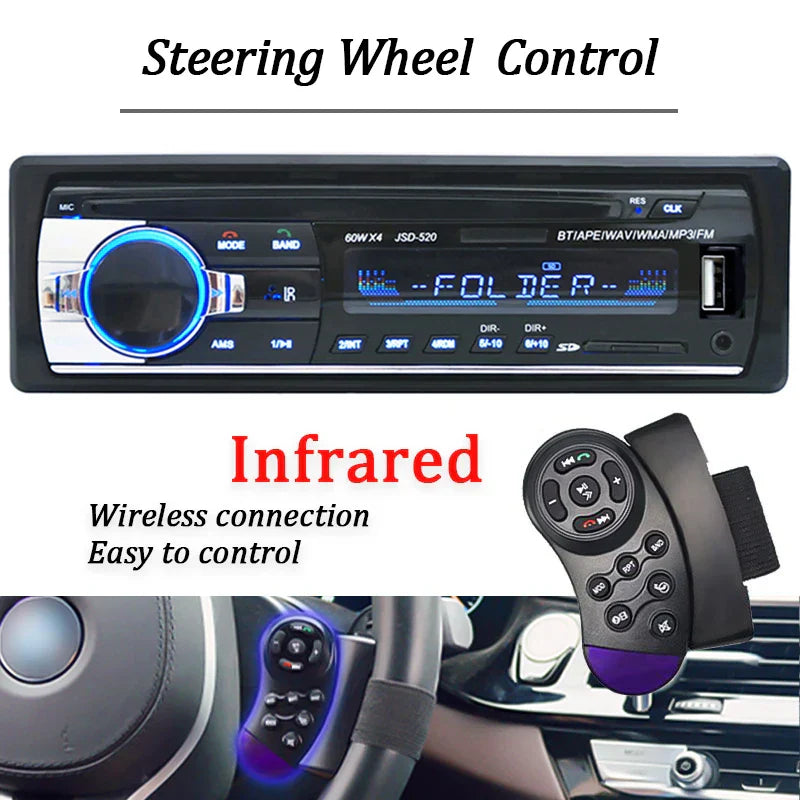 Black and silver car radio autoradio with blue illuminated din bluetooth 12v display player mp3 60wx4 and infrared remote control