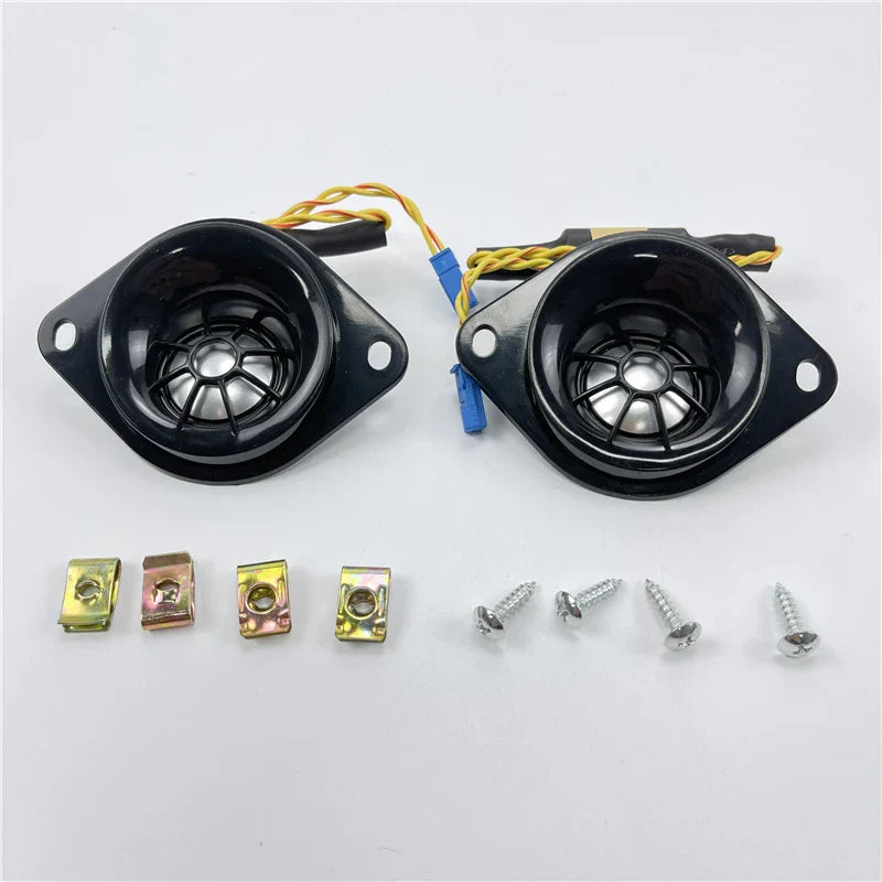 Black circular car rear surround tweeter speakers with metal grilles and mounting hardware for bmw e90 e91 e60 e61 f10 use