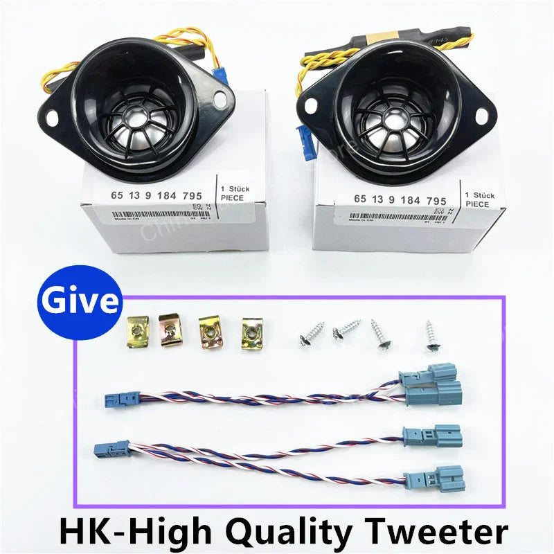 Black plastic car rear surround tweeter speakers with yellow and blue wiring mounted on a white hk-high quality tweeter box for bmw e90 e91 e60 e61 f10 f11 f90 f07