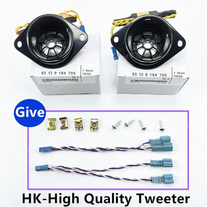 Black plastic car rear surround tweeter speakers with yellow and blue wiring mounted on a white hk-high quality tweeter box for bmw e90 e91 e60 e61 f10 f11 f90 f07