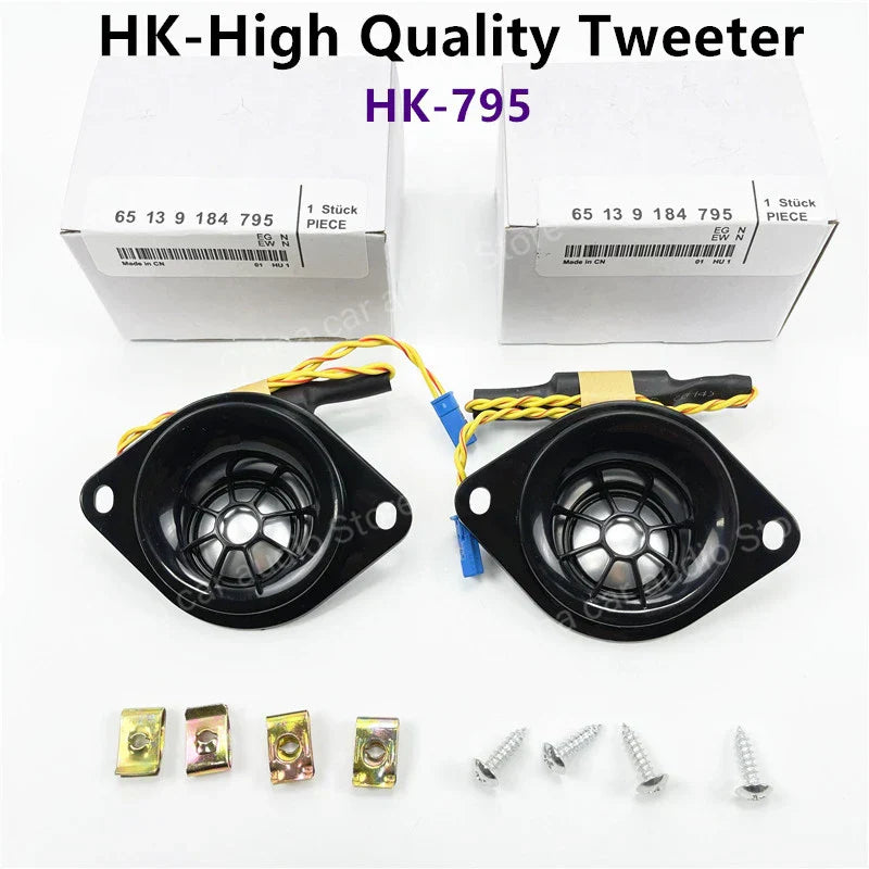 Black hk-795 high-quality tweeter speakers with yellow and black wiring mounted on flange bracket for bmw e90 e91 e60 e61 f10 use