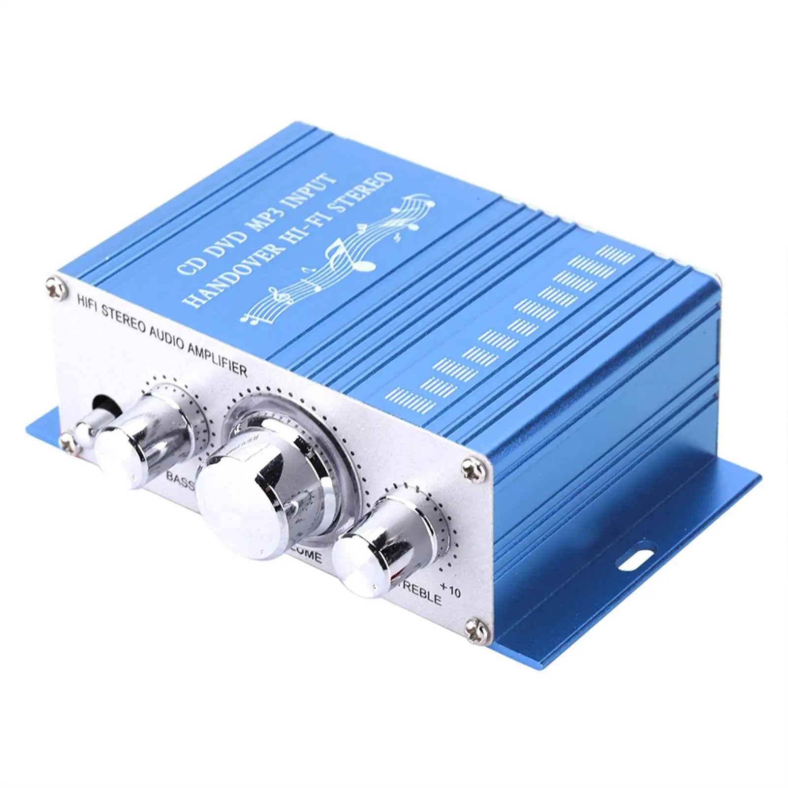 Blue aluminum car auto amplifier with silver knobs and musical notes for mini digital car hifi audio use