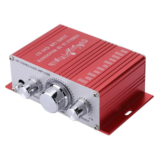 Red aluminum-bodied mini digital car auto amplifier hifi audio with silver knobs and engraved music notes for car speakers