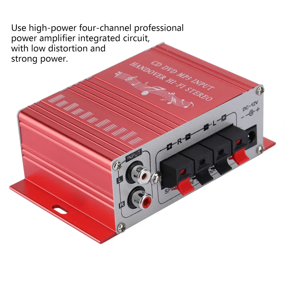 Red aluminum car auto amplifier with silver accents and black connectors for mini digital car amplifier hifi audio use