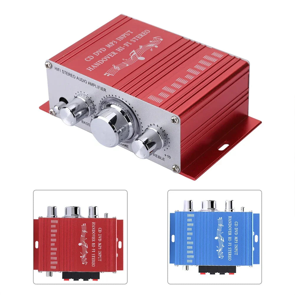 Red aluminum-bodied mini digital car auto amplifier with silver knobs and engraved music notes for hifi audio use