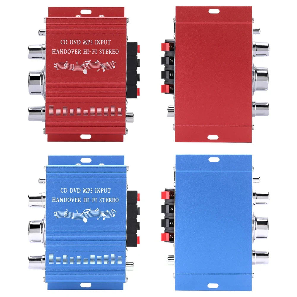Red and blue car auto amplifier mini digital car hi-fi audio with silver connectors and white musical note decals