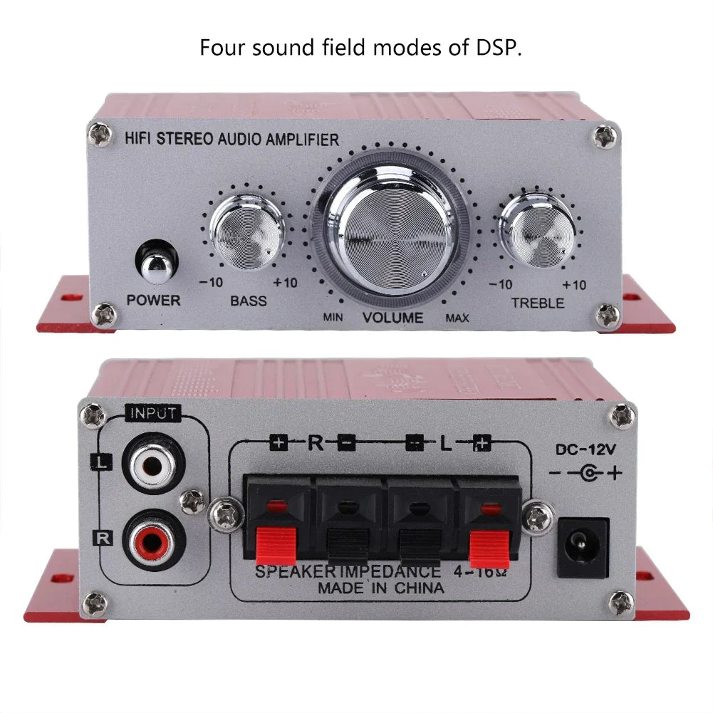Silver and red mini digital car auto amplifier hifi audio with three silver knobs for volume bass and treble control