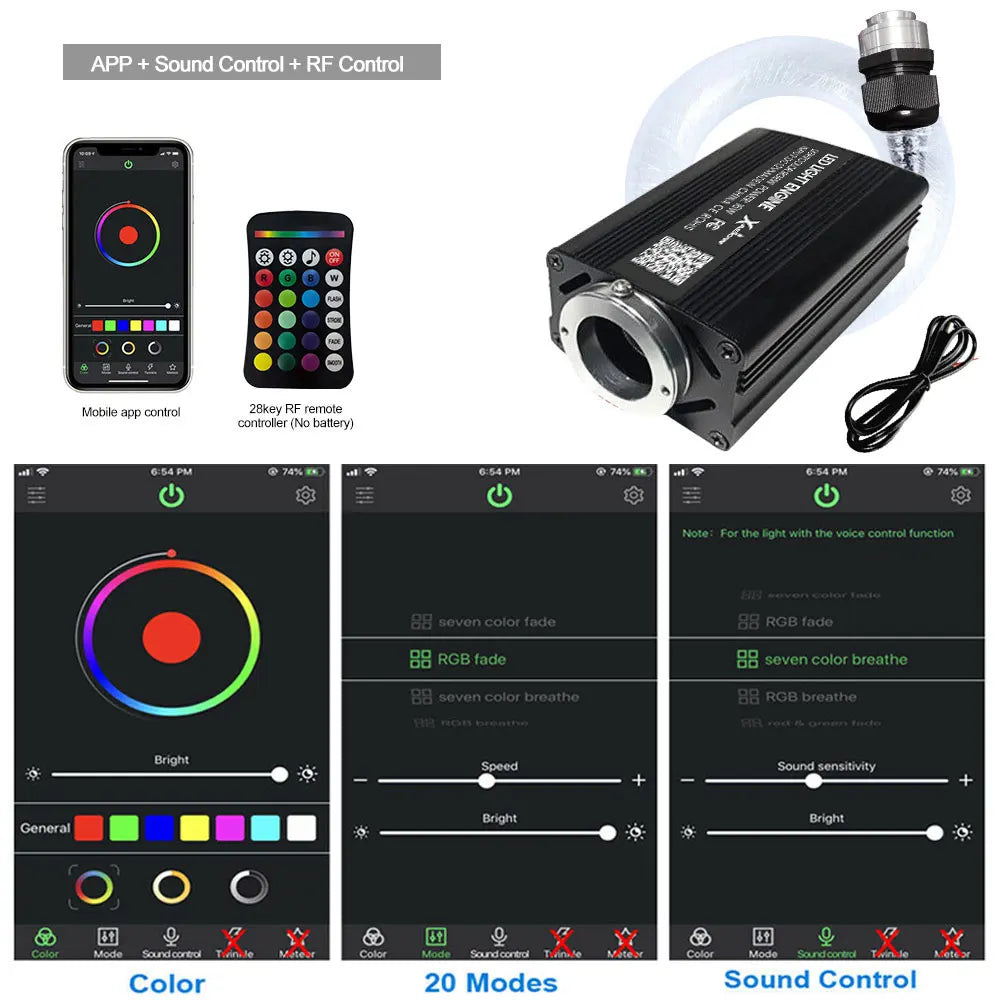 Black rectangular led light controller with silver accents and circular lens for car starry sky optic lights atmosphere lamp music control