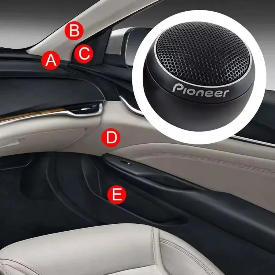 Black pioneer brand car stereo speakers pair loudspeaker music with mesh grille and audio silk film tweeters