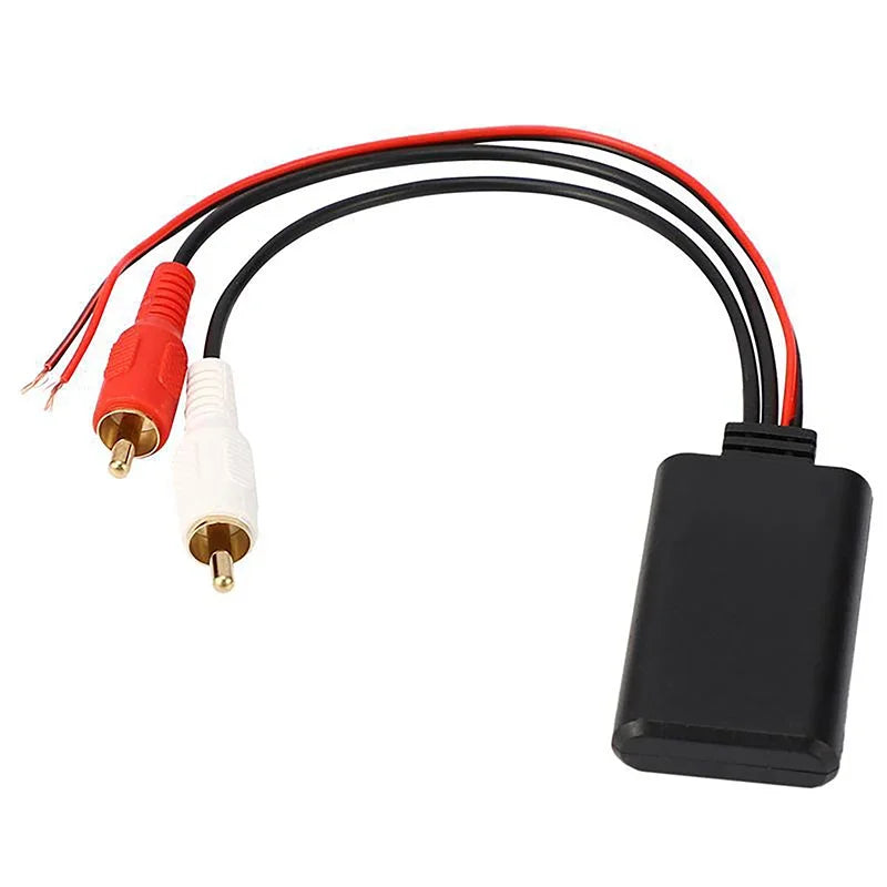 Black rectangular car universal wireless module music adapter with red and white cable stereo 2rca connectors and exposed wires