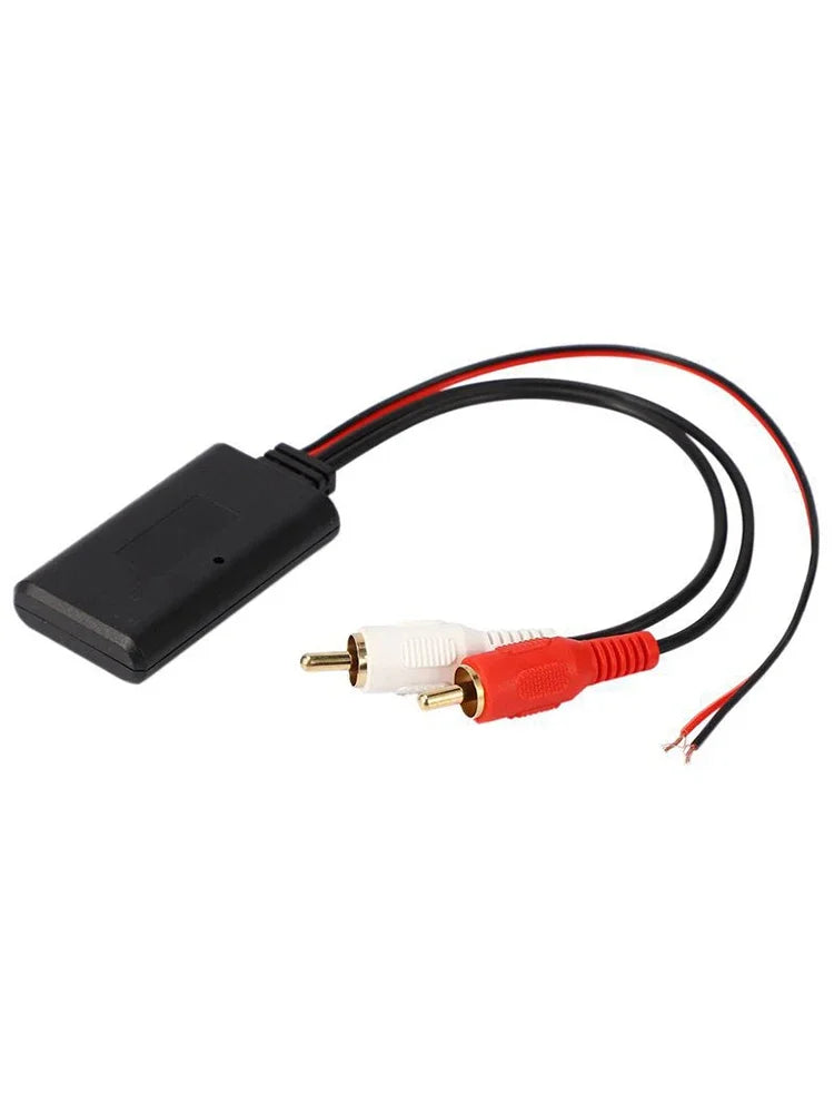 Black rectangular car universal wireless module music adapter with red and white cable stereo 2rca connectors and exposed wires