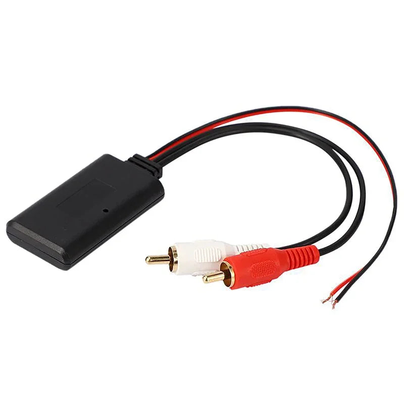 Black rectangular car universal wireless module music adapter with red and white rca connectors and exposed wires for stereo 2rca cable