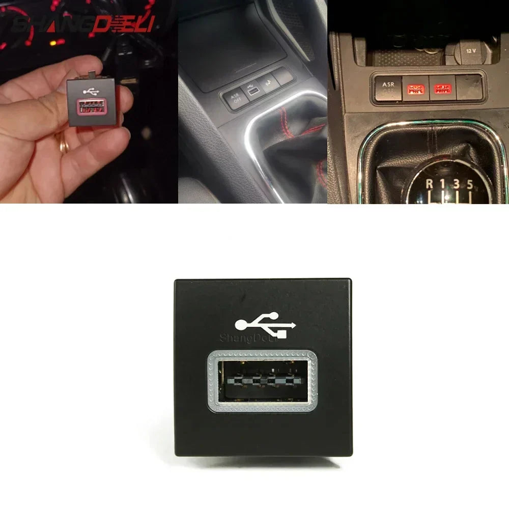 Black rectangular car usb input adapter with silver frame and white usb symbol for jetta mk5 caddy flash socket interface