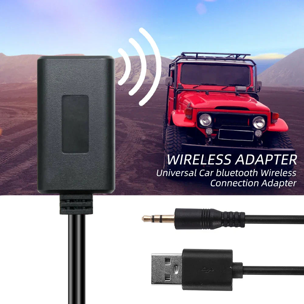 Black rectangular car wireless rca bluetooth receiver module aux adapter with usb and 3.5mm audio cables