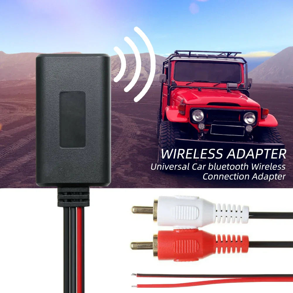 Black rectangular car wireless rca bluetooth receiver module aux adapter with red and white rca connectors for stereo use