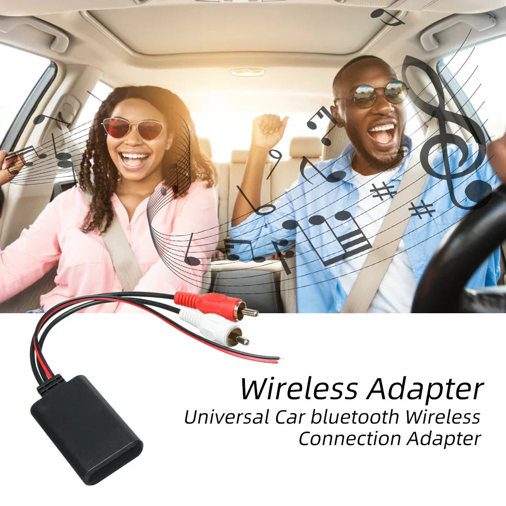 Black rectangular car wireless rca bluetooth receiver module aux adapter with red and white rca connectors for vehicles
