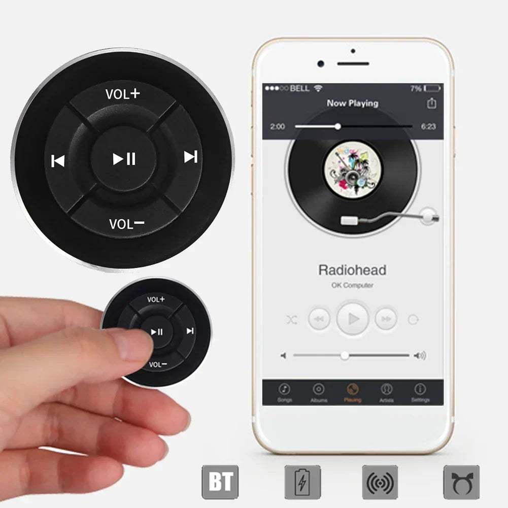 Black circular wireless bluetooth remote control car kit with volume and playback buttons for ios android use