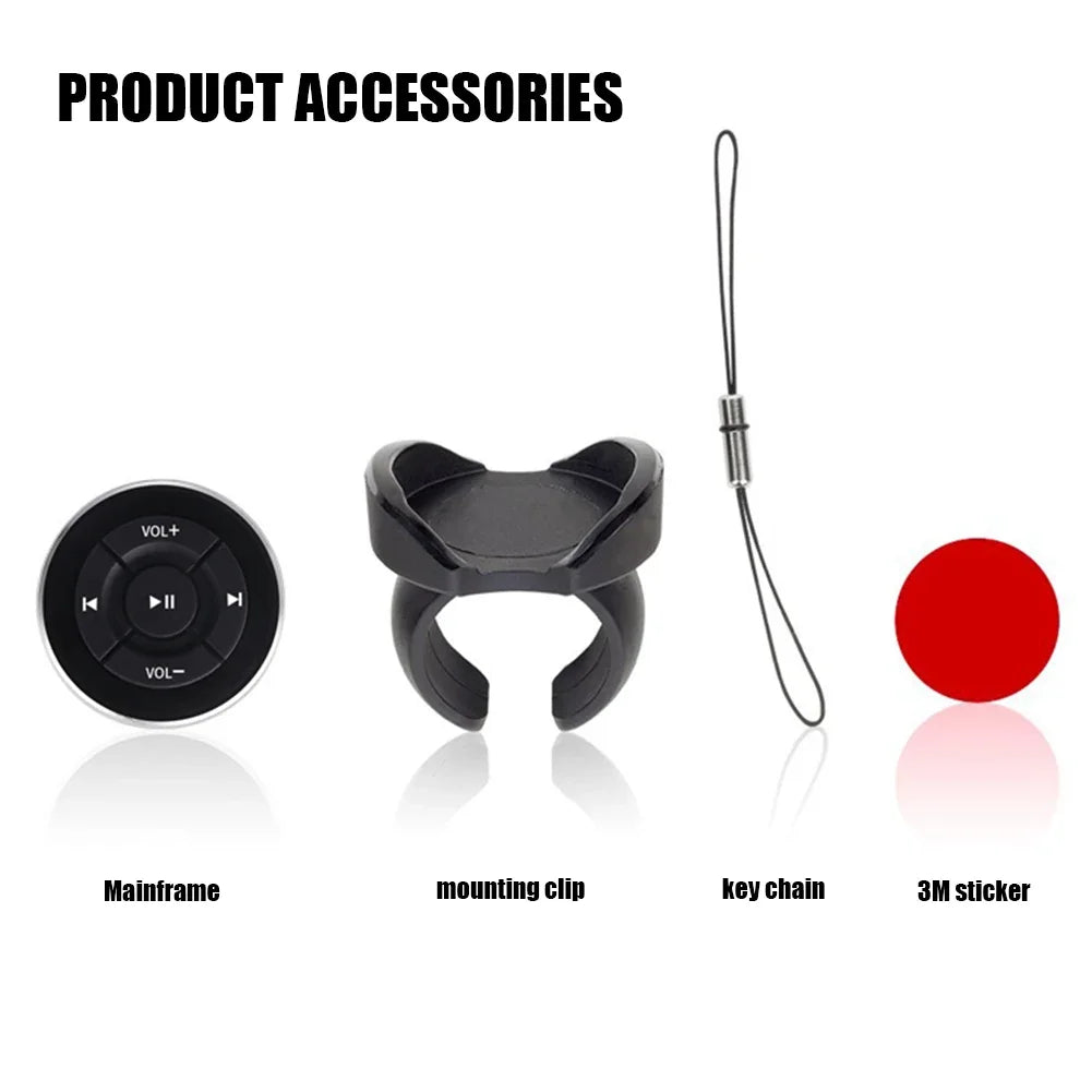 Black circular remote control car with silver buttons for volume and playback suitable for ios android control car kit