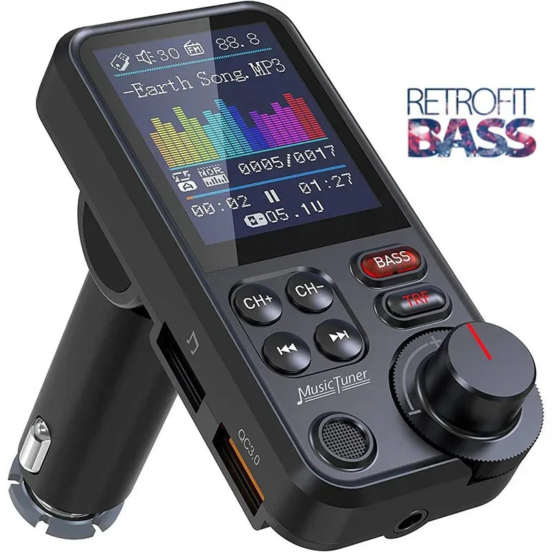 Black plastic car wireless fm transmitter adapter with touchscreen, treble bass sound, fast charging, and bluetooth-compatible car features