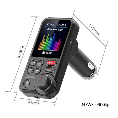 Black plastic car wireless FM transmitter adapter with touchscreen showing bluetooth and radio, fast charging treble bass sound
