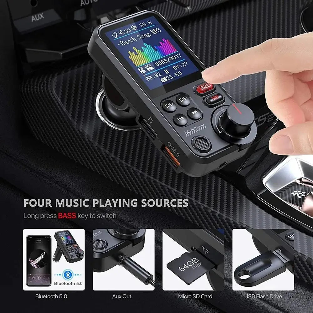 Black plastic car wireless fm transmitter adapter with touchscreen displaying treble bass sound and fast charging features