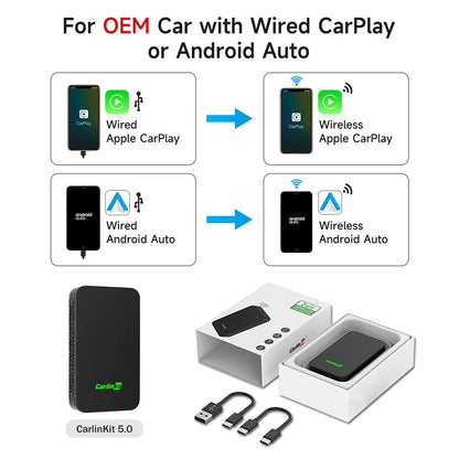 Black CarlinKit 5.0 wireless CarPlay audio adapter with green logo and textured side panel for original car GPS use