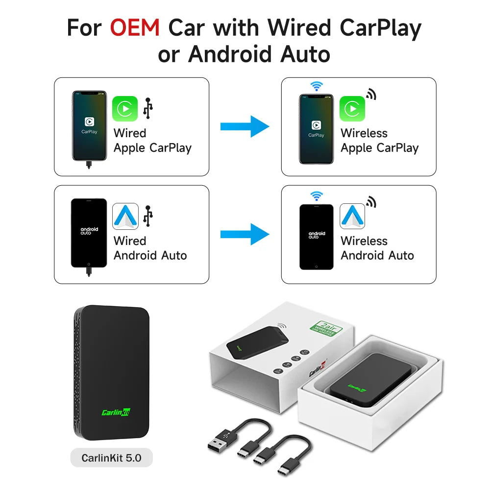 Black carlinkit 5.0 wireless carplay adapter with green logo and textured side panel for original car gps waze music spotify use
