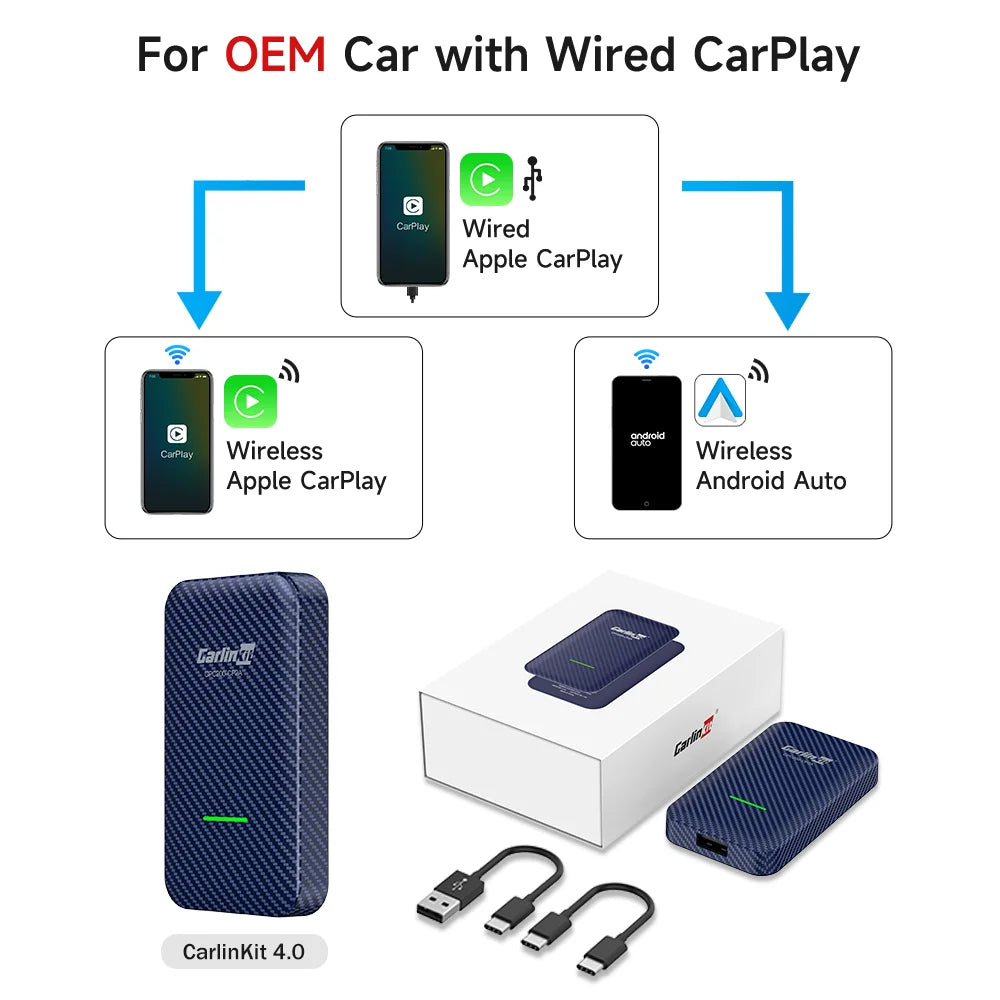 Blue carbon fiber wireless carplay carlinkit 4.0 adapter with green led for original car gps waze music spotify use