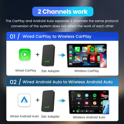 Black rectangular 2air adapter for wireless carplay and android auto conversion supporting waze music spotify apps