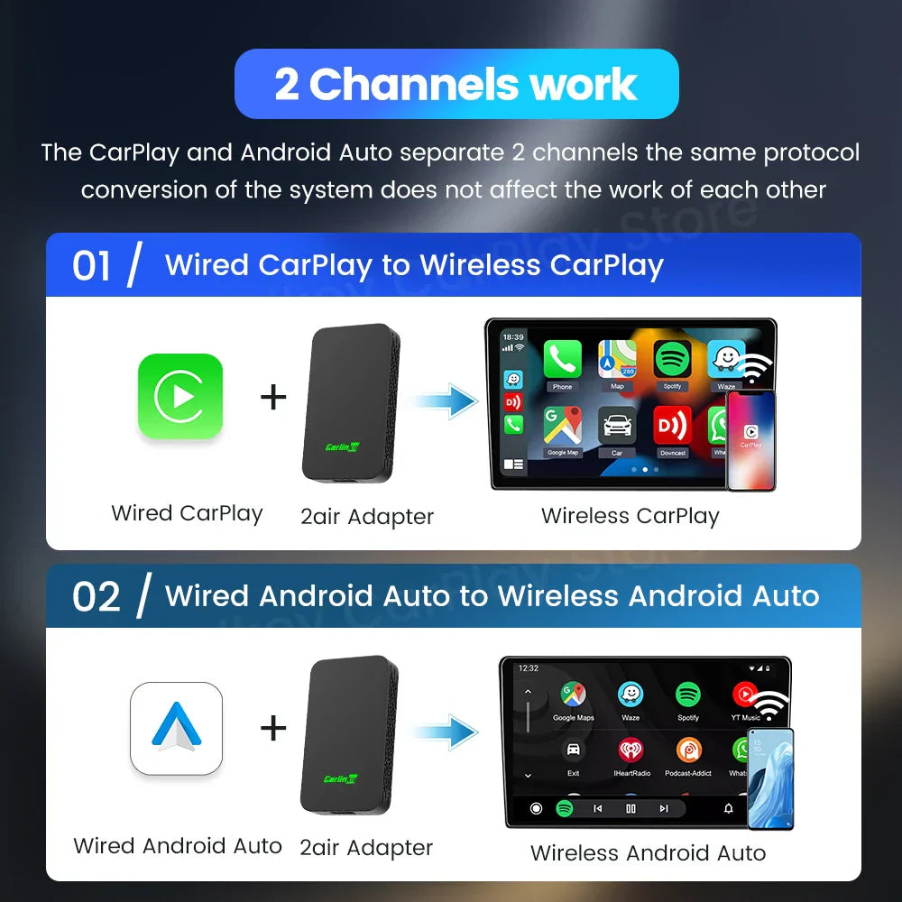 Black rectangular 2air adapter for wireless carplay and android auto conversion compatible with original car gps waze music spotify