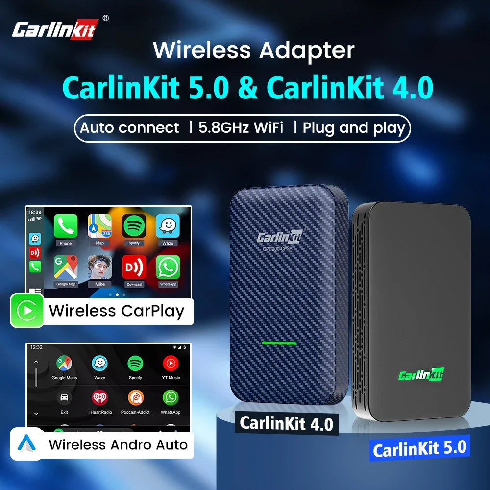 Blue carbon fiber textured carlinkit 4.0 wireless carplay adapter with green logo and black original car gps version