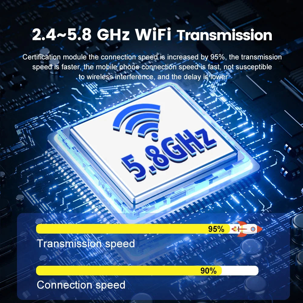 White square wifi certification module with blue 5.8ghz symbol on circuit board for CarlinKit wireless carplay and original car gps
