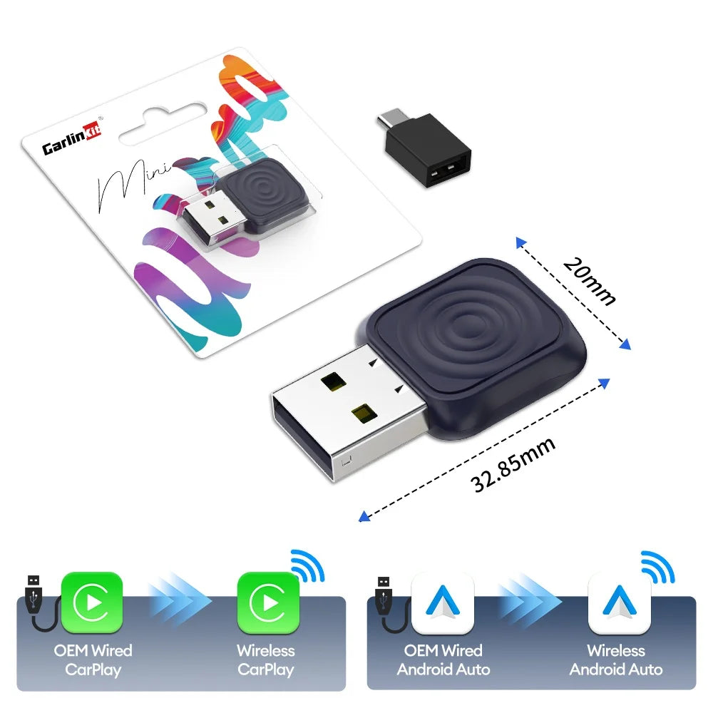 Black carlin mini usb wireless car audio adapter with textured surface for android auto wireless spotify music oem use