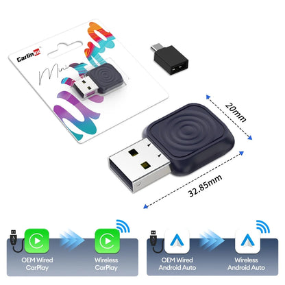 Black carlin mini usb wireless car audio adapter with textured surface for android auto wireless spotify music oem use
