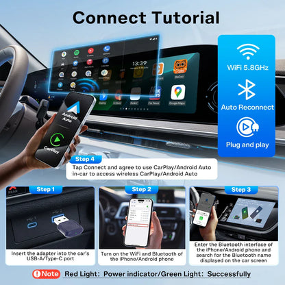 Black usb-a to type-c car adapter with red and green power indicator lights for carlinkit 5.0 android auto wireless dongle