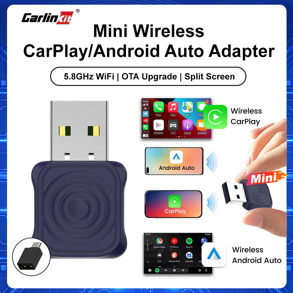 Dark blue carlinkit 5.0 mini ultra carplay wireless adapter with usb connector and textured body for android auto wireless and spotify music oem